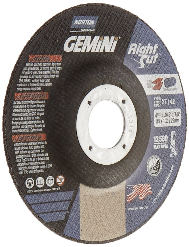 Norton 4-1/2x.045x7/8 Gemini RightCut Cut-Off Wheel 50pk - N66253370065